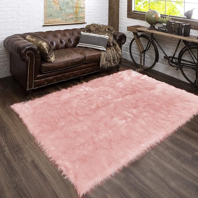 Latepis 3x4 Area Rug, Faux Fur Sheepskin Rug for Living Room, Fuzzy Rugs for Teen Girls Bedroom, Luxury Room Decor, Fluffy Pink Rug, Rectangle