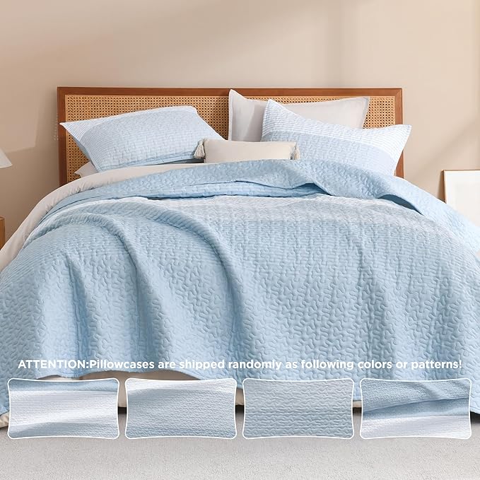 Litanika Quilt Queen Size Pale Blue, Stripe Patchwork Summer Bedspread Coverlet 3 Pieces, Soft Lightweight Microfiber Quilted Bedding Set for All Season(1 Quilt, 2 Pillowcases)
