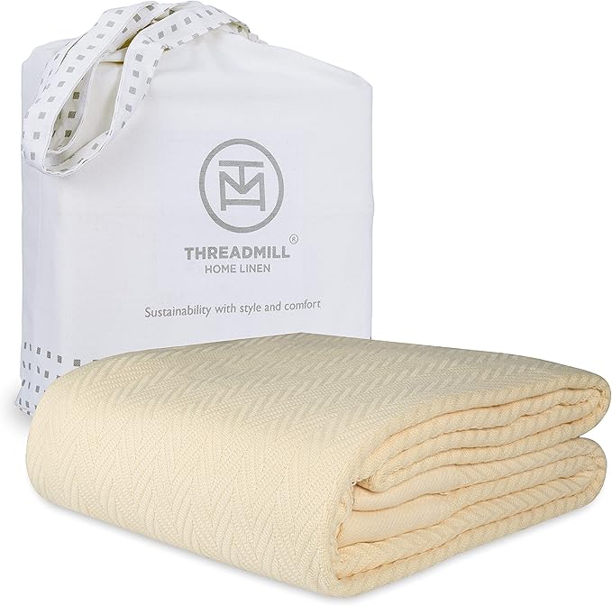 Threadmill Vanilla Cream 100% Combed Cotton King Size Blanket, All-Season Soft Breathable Light Weight Herringbone Throw