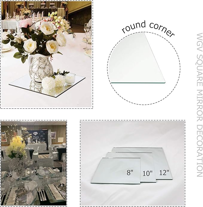 WGVI WGV Square Mirror Plate Sets Bulk 12" Width, 4.2 mm Thickness, Frameless Sanded Edges, Quality Thick Candle Tray, Home Event Party Wedding Table Centerpiece Wall Decor, 12 Pieces