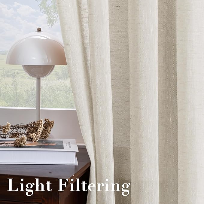 H.VERSAILTEX Linen Curtains Nickel Grommet Natural Linen Semi-Sheer Curtains 2 Panels Privacy Added Premium Soft Rich Material Drapes for Bedroom/Living Room - 52x54 - Inch - Natural