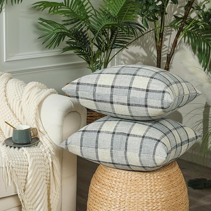 Stellhome Pack of 2 Faux Linen Buffalo Check Throw Pillow Covers, Farmhouse Plaid Decorative Cushion Covers for Couch Sofa Living Room, 26x26 Inch, Light Grey