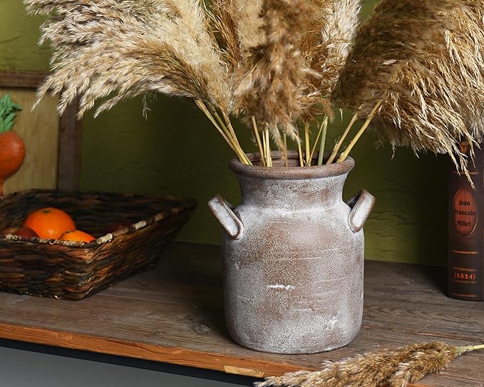 Quoowiit Ceramic Rustic Farmhouse Vase, Distressed Decorative Flower Vases for Home Decor, Ideal Shelf Decor, Brown Boho Vase for Living Room Bedroom Kitchen Office Decor Centerpiece Table Decorations