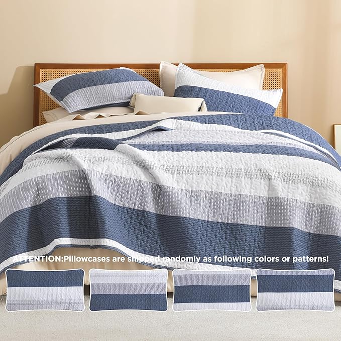 Litanika Twin Quilt Set Mineral Blue, 68x86 Stripe Bedspread Coverlet 2 Pieces, Mineral Blue Lightweight Quilted Bedding Set for All Season(Twin-1 Quilt, 1 Pillowcase)