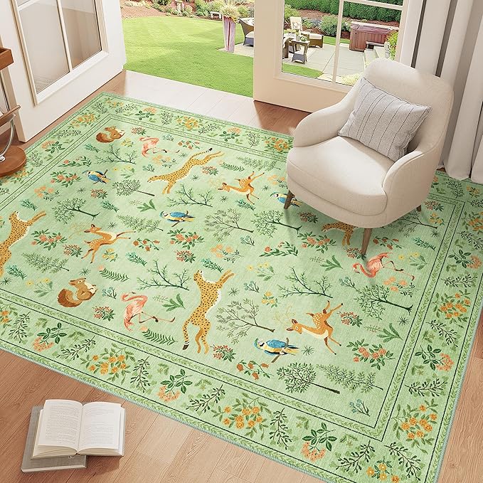 DUKINO 3x5 Rug, Washable Animal Area Rug with Non Slip Vintage Design, Indoor Soft Low Pile Carpet for Bedroom, Nursery, Dining Room, Farmhouse, Playroom, Light Green