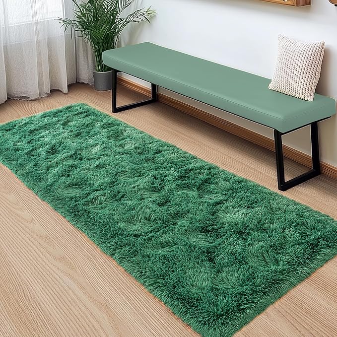 Fluffy Runner Rugs for Bedroom Hallways, 2x6 Runners for Hallways Fluffy Shag Throw Area Rug Non Slip for Bedside Dorm, Shag Rugs for Girls Boys Bedroom, Floor Carpet Runner for Kids Dorm, Dark Green