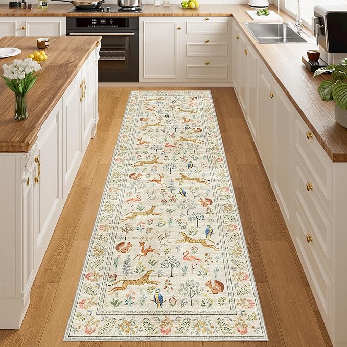 DUKINO 2x6 Rug for Hallway, Washable Kitchen Runner Rug with Non Slip Backing, Soft Low Pile Vintage Animal Runner for Bedroom, Kitchen, Hallway, Entryway, Laundry, Beige