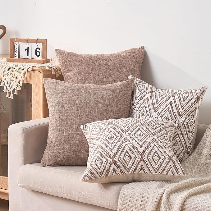 HPUK Decorative Throw Pillow Covers Set of 4 Couch Pillows Linen Cushion Cover for Couch Sofa Living Room, 18"x18" inches, Light Brown