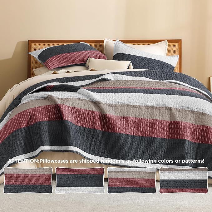 Litanika Quilt King Size Black and Red, Stripe Patchwork Summer Bedspread Coverlet 3 Pieces, Soft Lightweight Microfiber Quilted Bedding Set for All Season(1 Quilt, 2 Pillowcases)