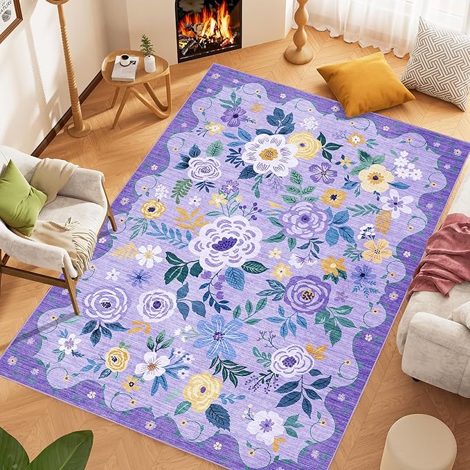DUKINO 8x10 Area Rug, Floral Rugs for Living Room, Lightweight Non Slip Washable Rug, Indoor Low Pile & Non-Shedding Boho Design Rugs for Bedroom, Living Room, Dining Room, Purple