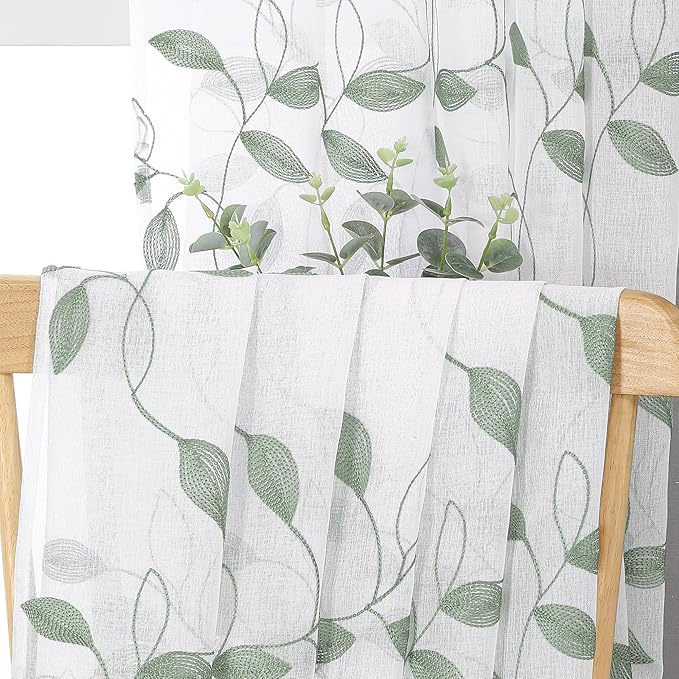 Tollpiz Sage Green Leaf Sheer Curtains Leaves Embroidered Bedroom Short Curtain Rod Pocket Voile Window Treatment for Living Room, 38 x 54 inches Long, Set of 2 Panels