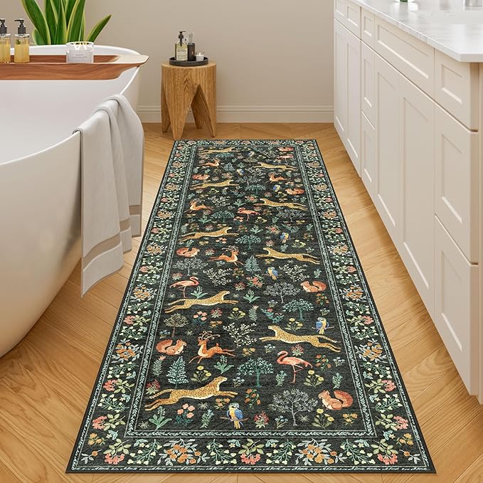 DUKINO 2x10 Rug for Hallway, Washable Kitchen Runner Rug with Non Slip Backing, Soft Low Pile Vintage Animal Runner for Bedroom, Kitchen, Hallway, Entryway, Laundry, Black