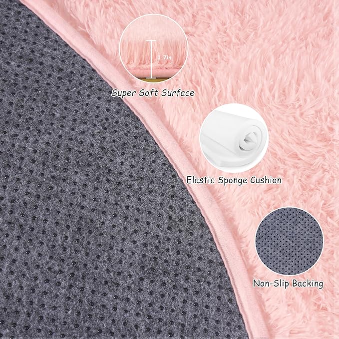 Round Fluffy Rugs 6Ft for Girls Bedroom, Pink Shag Circle Kids Rug Non-Slip for Bedside Dorm Nursery Playroom, Soft Cute Area Rugs for Living Room Decor
