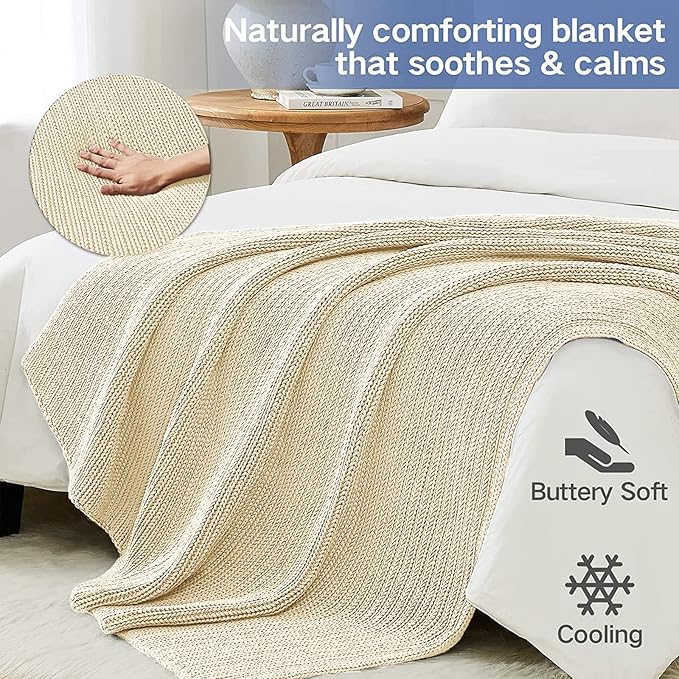 Guohaoi Knitted Weighted Blanket for Adults (Cream 48"x72" 12lbs) No Beads Cooling Throw Blanket for Hot Sleepers, Home Decor Breathable Chunky Knit Heavy Blanket Use on Full Size Bed