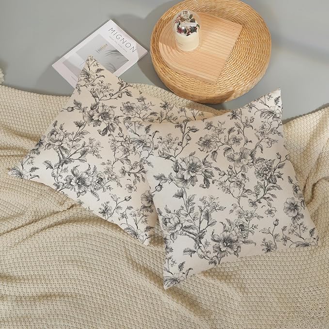 Black and Cream Pillow Covers 18x18 Set of 2 Vintage Floral Chinoiserie Throw Pillows Rustic Toile Flower Decorative Pillow Cases Outdoor Chinoiserie Decor Linen Cushion Case for Couch Sofa