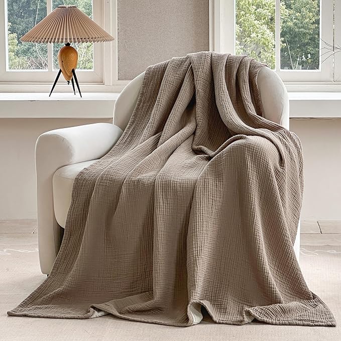 FALUCA Cotton Muslin Reversible Blanket 50x60 Inches for Bed, Couch, Four Layers Blanket, Soft Lightweight Cozy Breathable Farmhouse Decoration for All-Season, Brown