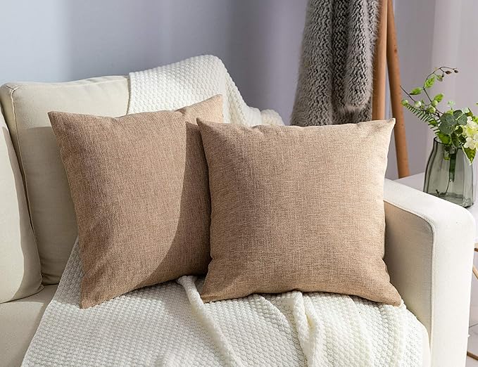 Stellhome Linen Throw Pillow Covers Square Solid Farmhouse Burlap Cushion Covers for Bed Couch Sofa Bench, 18 x 18 inch (45 cm), Natural Linen, Set of 2