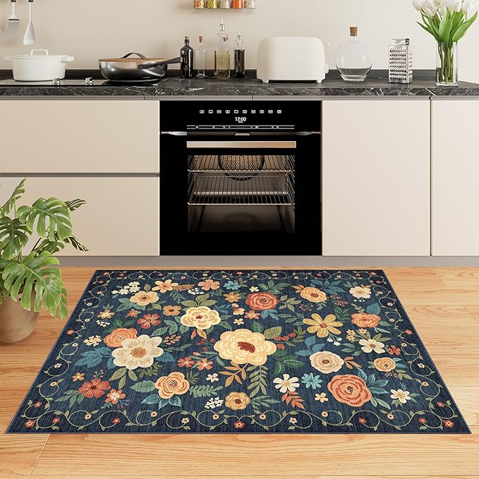 DUKINO 2x3 Rugs for Entryway, Floral Indoor Washable Door Mat, Non Slip Boho Small Rug for Kitchen, Soft Low Pile Front Door Throw Rug for Entrance, Bedroom, Kitchen, Laundry, Bathroom, Dark Blue