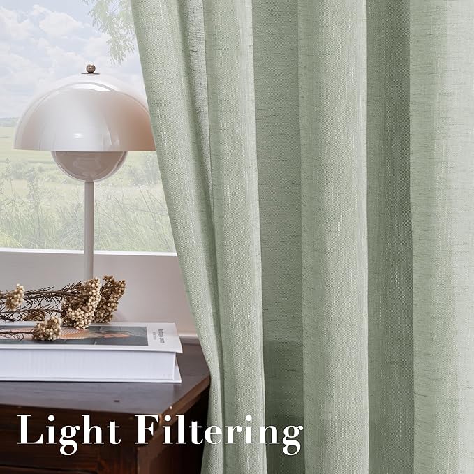 H.VERSAILTEX Linen Curtains Natural Linen Blended Curtain Panels for Living Room/Light Reducing Linen Semi Sheer Curtains 72 inch Length 2 Panels Set Nickel Grommet Window Panels, Sage
