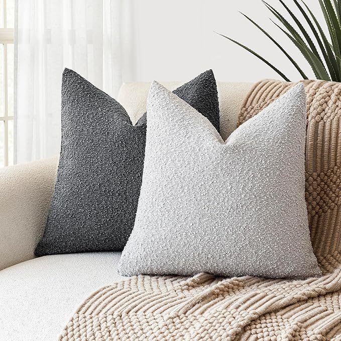 Foindtower Textured Boucle Throw Pillow Covers Accent Solid Pillow Cases Cozy Soft Decorative Couch Cushion Case for Chair Sofa Bedroom Living Room Home Decor, 18 x 18 Inch,Light Grey