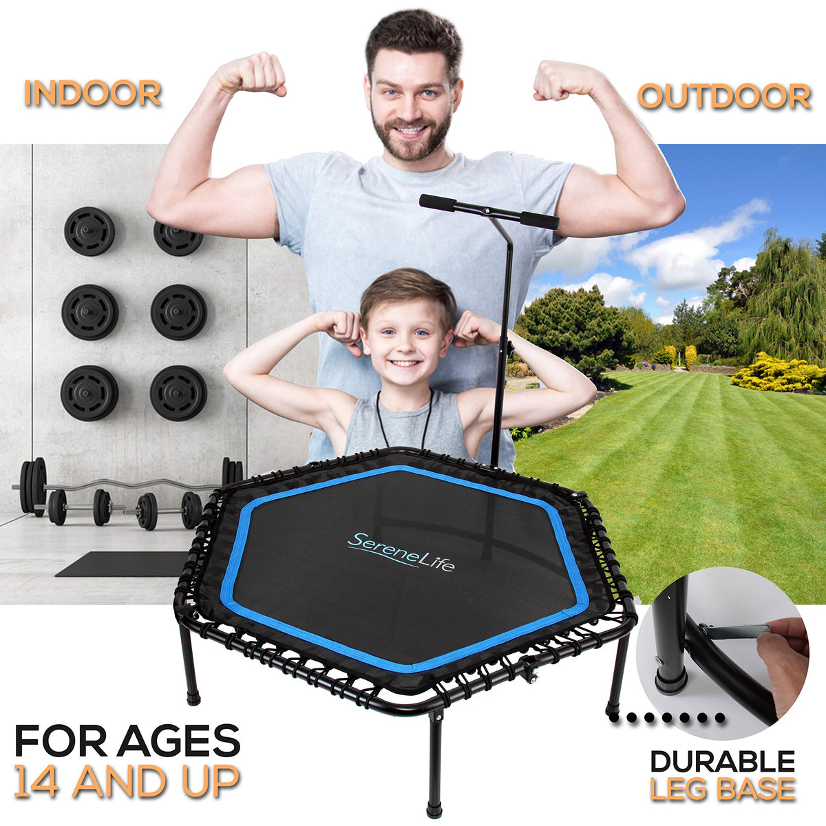 Fitness Exercise Rebounder Mini Trampoline - 48" Inch Hexagonal Jump Exercise Equipment Mini Trampoline for Adults - Rebounders Mini Trampolines for Adults with Bar Handle - SereneLife SLELT518 , Black