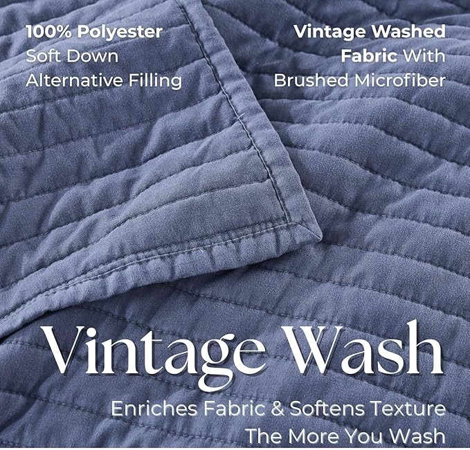 DOWN HOME Queen Quilt Bedding Set with Shams, Vintage Washed Soft Quilted Blanket Thin Comforter Lightweight Bedspread Coverlet Bed Cover, Brushed Microfiber Stripe Stitching, Vintage Denim, 86"x90"