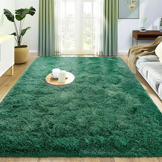 Super Fluffy Rug for Bedroom, 4x6 Shag Fuzzy Area Rug for Living Room Bedroom, Plush Soft Carpet for Girls Boys Kids, Non Slip Throw Rugs for Dorm, Modern Home Decor Aesthetic, Dark Green