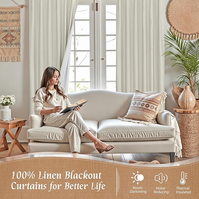 LAMIT Short Linen Blackout Curtains 48 Inch Length 2 Panels, 100% Blackout Linen Textured Thermal Curtains Back Tab and Rod Pocket Bedroom Panels with White Liner for Bathroom, 34 x 48 Inch, Stone
