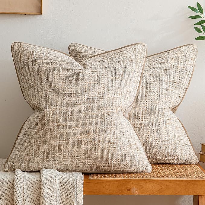 a moment Khaki Reversible Pillow Covers 2 Pack - Farmhouse Chenille Throw Pillows, Neutral Textured Decorative Throw Pillow Covers with Border for Couch Sofa Bed (18x18 Inch, No Insert)