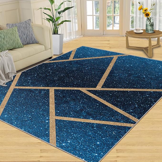 Abstract Marble Rug Navy Blue Marble Area Rug Blue Starry Geometric Area Rugs Gold Lined Geometric Shapes Rugs Modern Minimalist Carpet for Living Room Bedroom 8x10ft