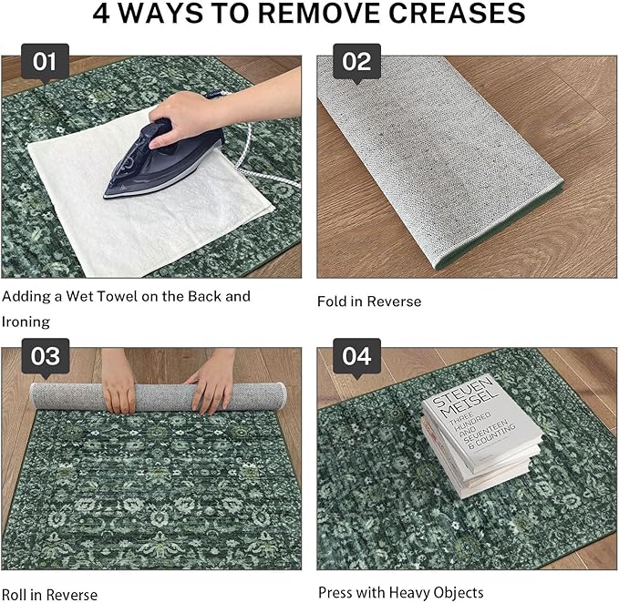 Runner Rug 2x10, Dark Green Washable Long Hallway Rug Runner Non-Slip Soft Kitchen Runner Thin Printed Faux Wool Super Soft Carpet for Entryway Bedroom Laundry Room Indoor