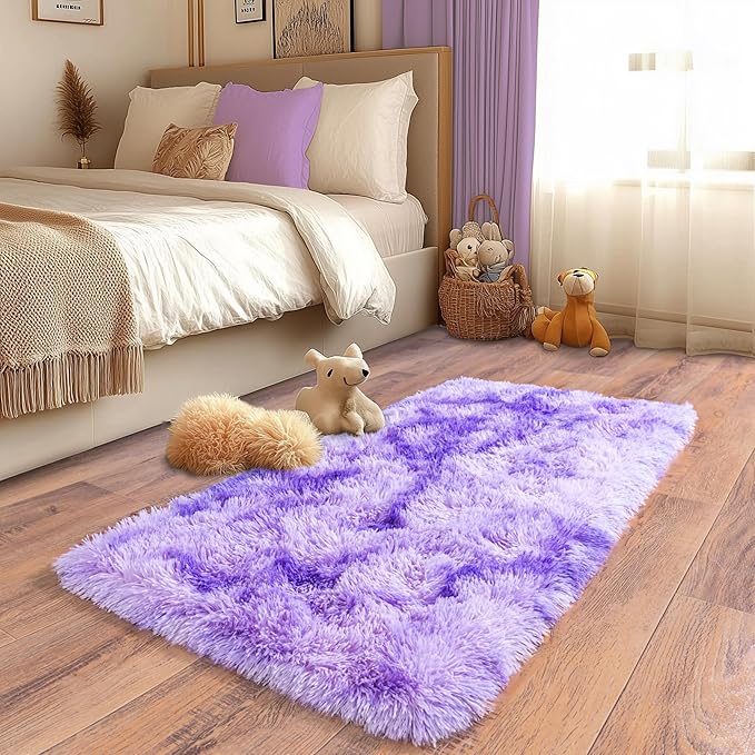 Small Runner Rugs for Bedroom Hallways, 2x4 Runners for Hallways Fluffy Throw Area Rug Non Slip for Bedside Dorm, Shag Rugs for Girls Boys Bedroom, Floor Carpet Runner for Kids Dorm, Tie-Dyed Purple