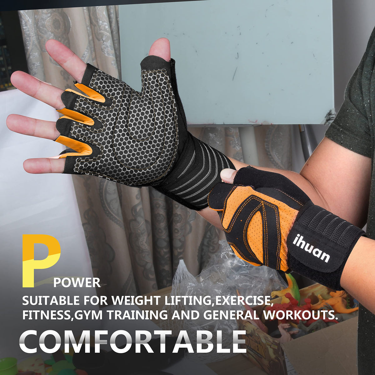 ihuan Ventilated Weight Lifting Gym Workout Gloves with Wrist Wrap Support for Men & Women, Full Palm Protection, for Weightlifting, Training, Climbing, Fitness, Hanging, Pull ups (Orange, XS)