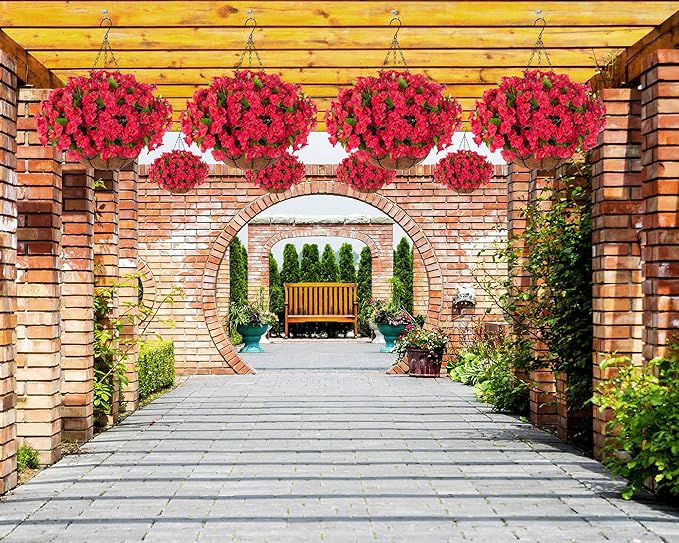 Artificial Hanging Flower Plants with Basket for Outdoor Decoration, Faux Petunias Flowers Fake Morning Glory Planter for Outside Patio Garden Porch Balcony Yard Decor(Red)