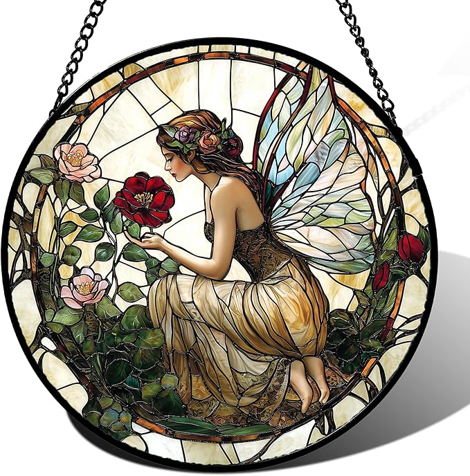 Stained Glass Window Hanging - Butterfly Flower Fairy Suncatcher for Door Terrace Garden Home Decor Yellow Green Plants Sun Catcher Birthday Gifts for Lovers Women Men Dad Mom Nana 15 in