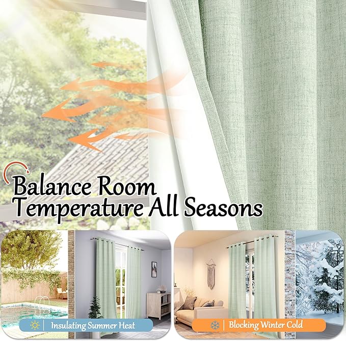 Lajode Sage Green Blackout Curtains for Bedroom - Linen Curtains 95 Inch Length Thermal Insulated Privacy Burlap Boho Window Drapes for Living Room Scandi Farmhouse Dining, 2 Panels, Each 52" Wide