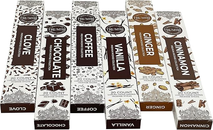 Gourmet Incense Sticks Variety Pack - 120 Insence-Sticks (6 Incents x 20 Insense) - Cinnamon Vanilla Coffee Chocolate - Natural Inscents-Sticks Non Toxic Inciensos + Incense Holder for Fall Christmas
