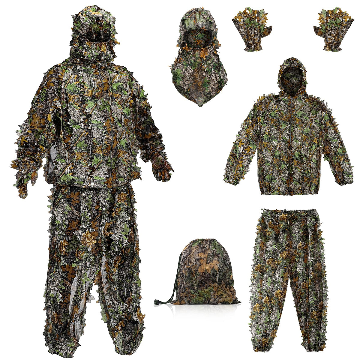 Ghillie Suit Outdoor Leafy Suit for Hunting Super Lightweight Hooded Camouflage Including Clothes Gloves Face Mask and Bag