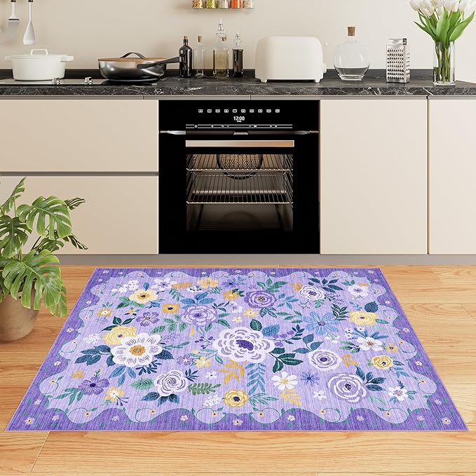 DUKINO 4x6 Area Rug, Lightweight Non Slip Washable Floral Rug, Indoor Low Pile & Non-Shedding Boho Design Rugs for Bedroom, Living Room, Dining Room, Purple