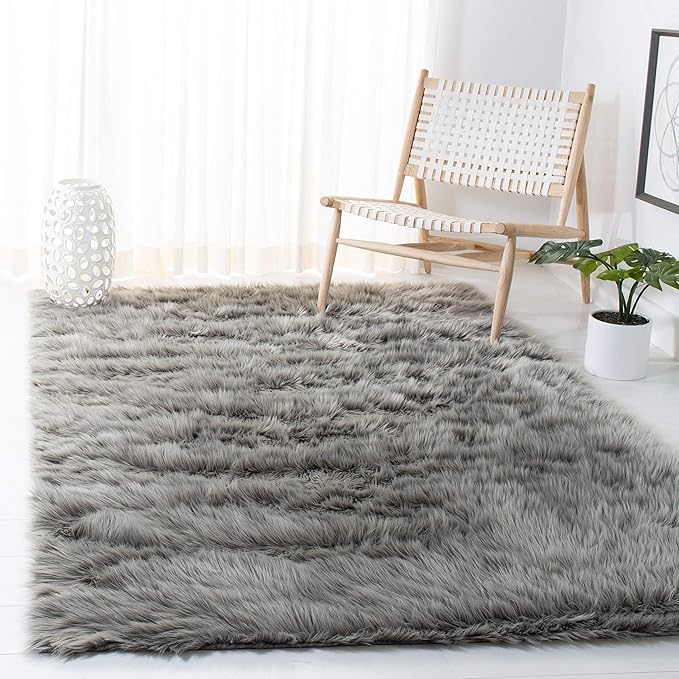 SAFAVIEH Faux Sheep Skin Collection 8' x 10' Grey FSS235D Silken Glam 2.35-inch Thick Area Rug