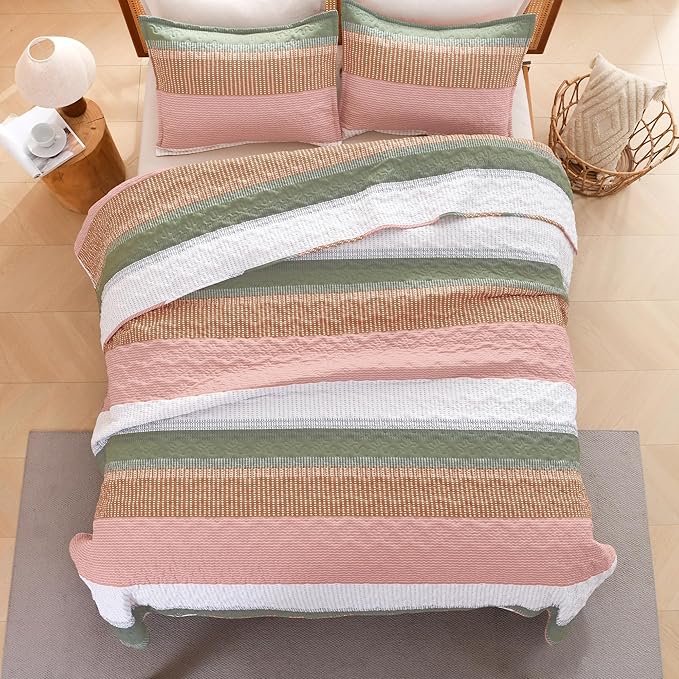 Litanika Quilt Queen Size Pink, Green and White, Orange Stripe Patchwork Summer Bedspread Coverlet 3 Pieces, Soft Lightweight Microfiber Comforter Bedding Set for All Season(1 Quilt, 2 Pillowcases)