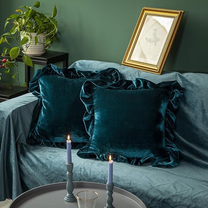 Velvet Throw Pillow Cover Soft Decorative Luxurious Solid Square Cushion Case for Sofa Couch Bedroom Farmhouse,Pack of 2, 18 x 18 Inches, Malachite Green