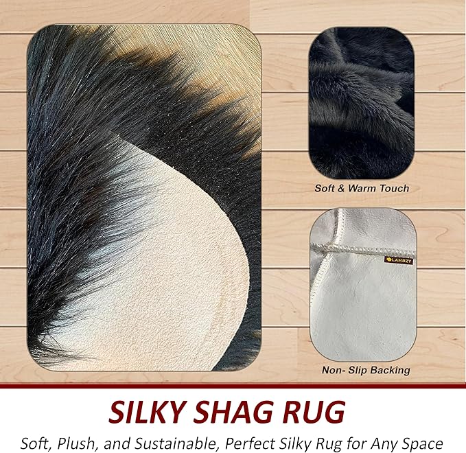 LAMBZY Faux Sheepskin Super Soft Hypoallergenic Silky Shag Rug for Living Room, Kids Room, Sofa (5 Pelts Side by Side 3'x10', Black)