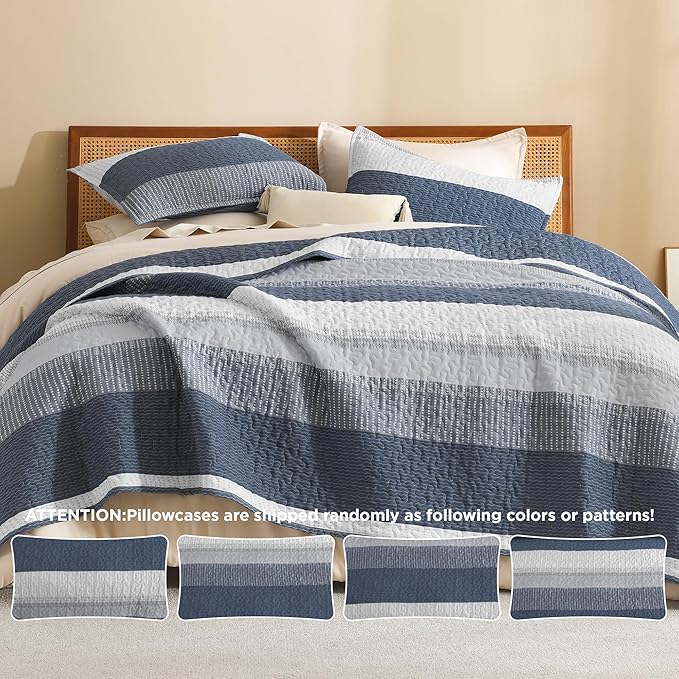 Litanika Oversized King Quilt Set Navy Blue, 128x120 Stripe Bedspread Coverlet 3 Pieces, Navy Blue Lightweight Quilted Bedding Set for All Season(Super King Plus-1 Quilt, 2 Pillowcases)