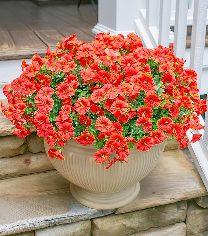 Artificial Flowers for Outdoors Fake Plants Spring Summer Decor, 12 Bundles Orange Silk Morning Glory with Eucalyptus Look Real UV Resistant Faux Flowers for Outside Planters Front Door Yard Indoor