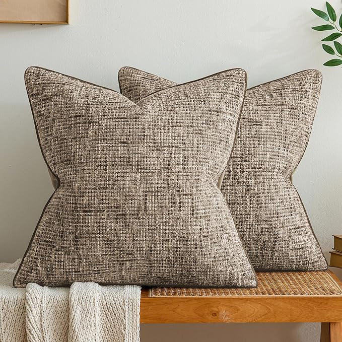 a moment Brown Reversible Pillow Covers 2 Pack - Farmhouse Chenille Throw Pillows, Neutral Textured Decorative Throw Pillow Covers with Border for Couch Sofa Bed (20x20 Inch, No Insert)
