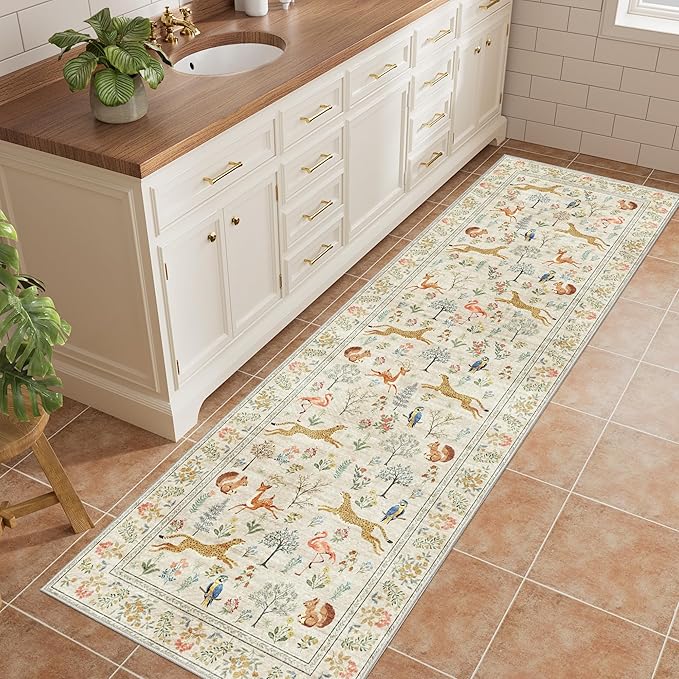 DUKINO 2x6 Rug for Hallway, Washable Kitchen Runner Rug with Non Slip Backing, Soft Low Pile Vintage Animal Runner for Bedroom, Kitchen, Hallway, Entryway, Laundry, Beige