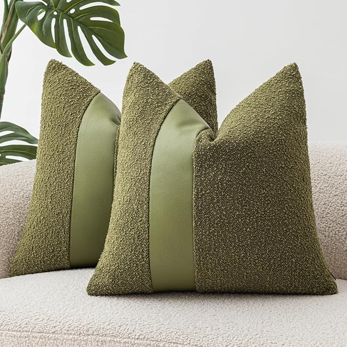 22"x22" Forest Green Boucle Pillow Covers with Faux Leather Accents Set of 2 Fluffy Textured Decorative Throw Pillow Cases for Couch Bed Boho Farmhouse Square Cushion Covers for Home Décor