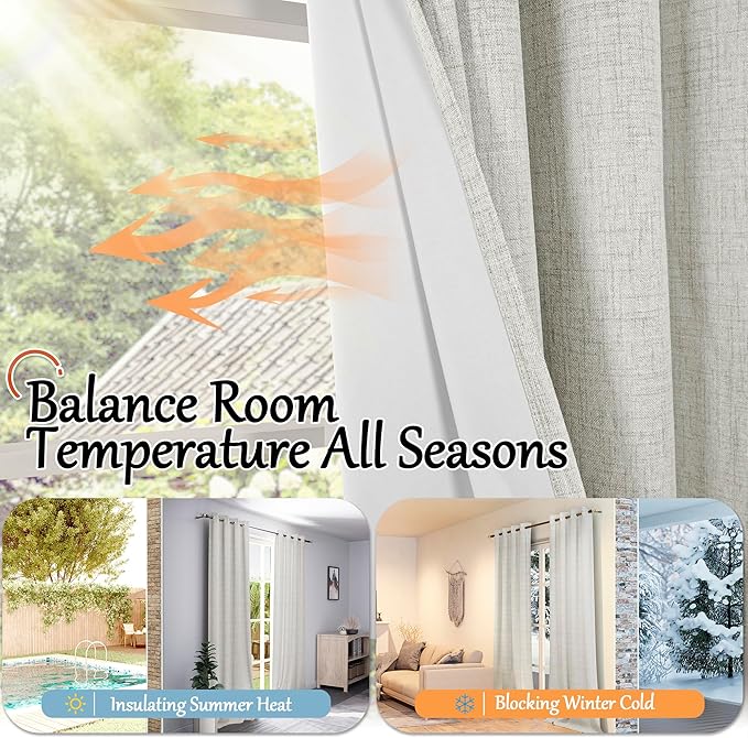 60 Inch Wide Linen Blackout Curtains for Bedroom 63 Inch Length 2 Panels, Total Black Out Thermal Insulated Energy Efficiency Grommet Boho Window Drapes White Liner for Modern Farmhouse, Light Grey