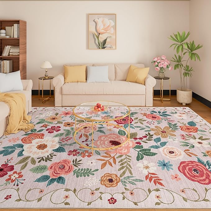 DUKINO 8x10 Area Rug, Floral Rugs for Living Room, Lightweight Non Slip Washable Rug, Indoor Low Pile & Non-Shedding Boho Design Rugs for Bedroom, Living Room, Dining Room, Beige